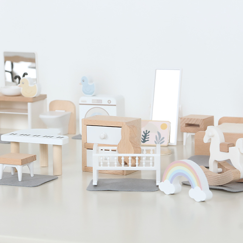 Bistro Table Set - Modern dollhouse furniture kitchen wood miniature